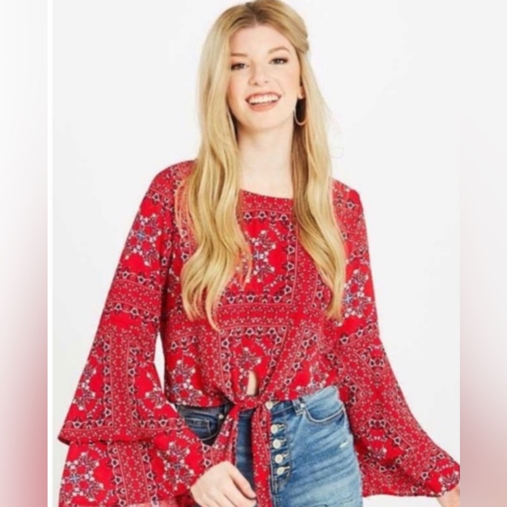 Altar'd State Red Paisley Tie Front Bell Sleeve Crop Top Boho Small